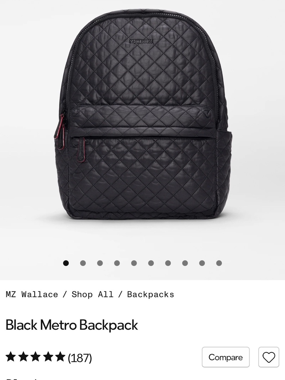 MZ Wallace Quilted Black Metro Backpack with Red-Trim Zippers
